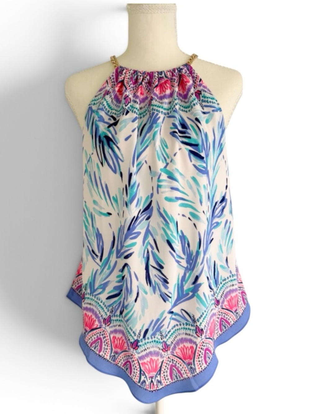 Lilly Pulitzer Cabana Halter Tank Top with Blue & Pink Print, Resort White